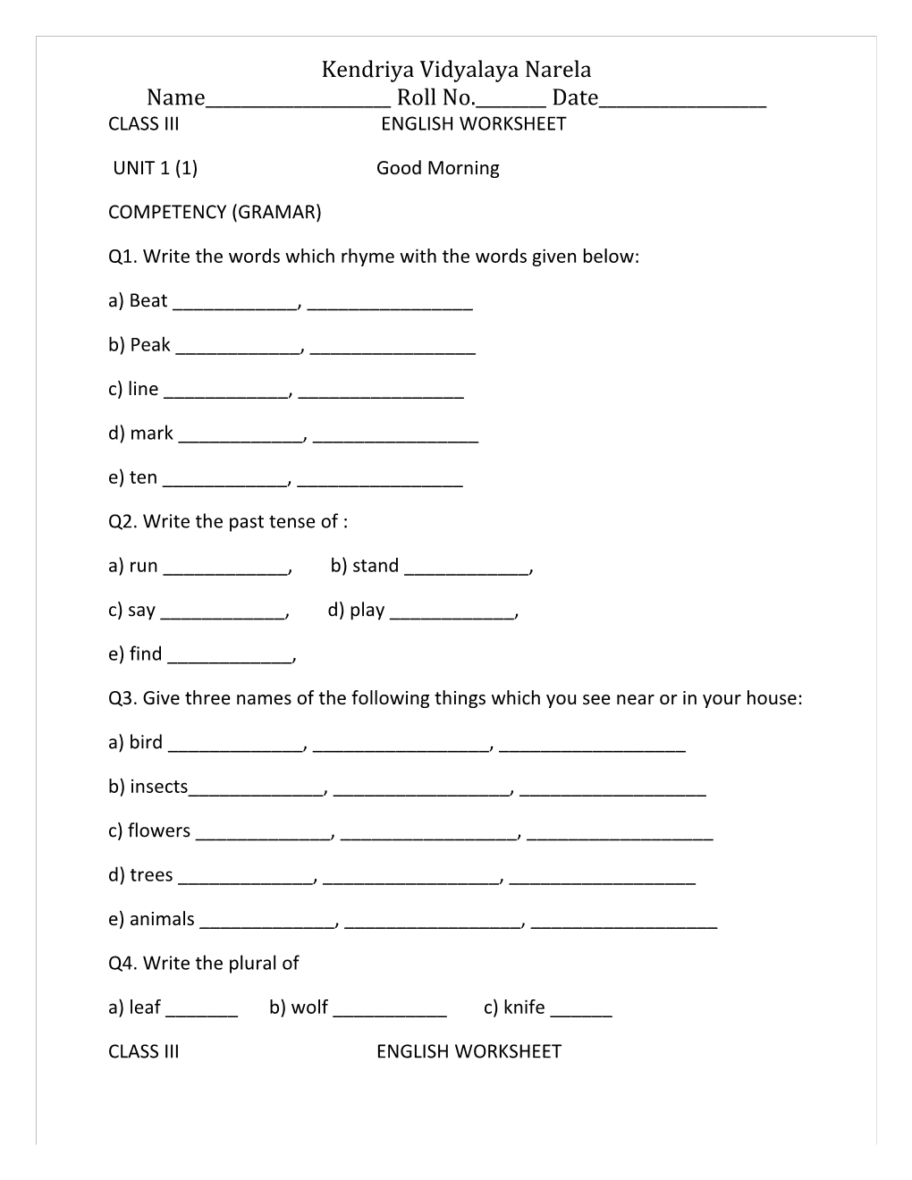 Class Iii English Worksheet