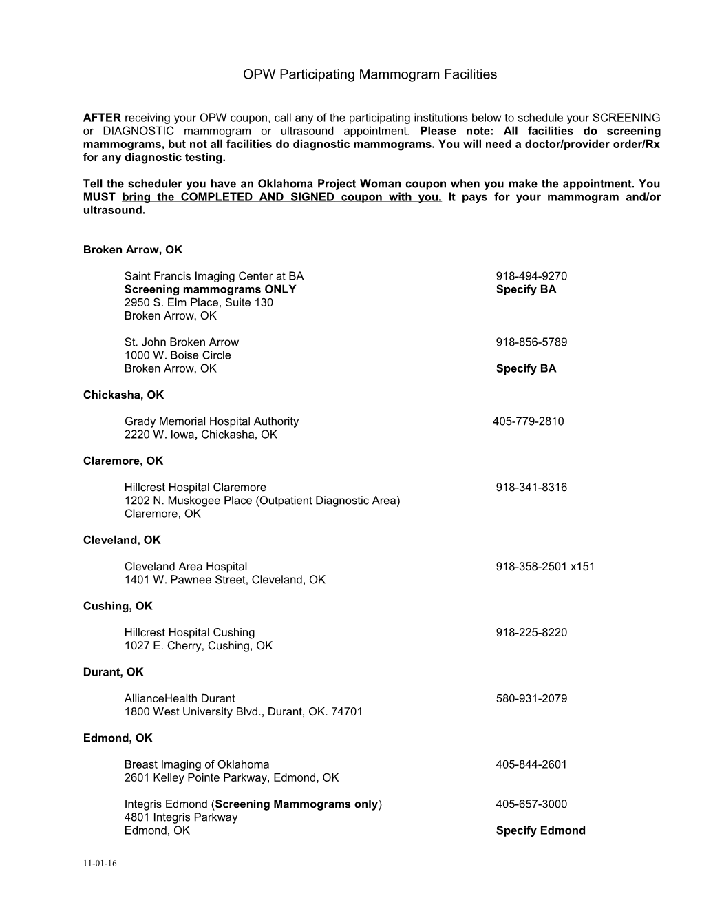 OPW Participating Mammogram Facilities