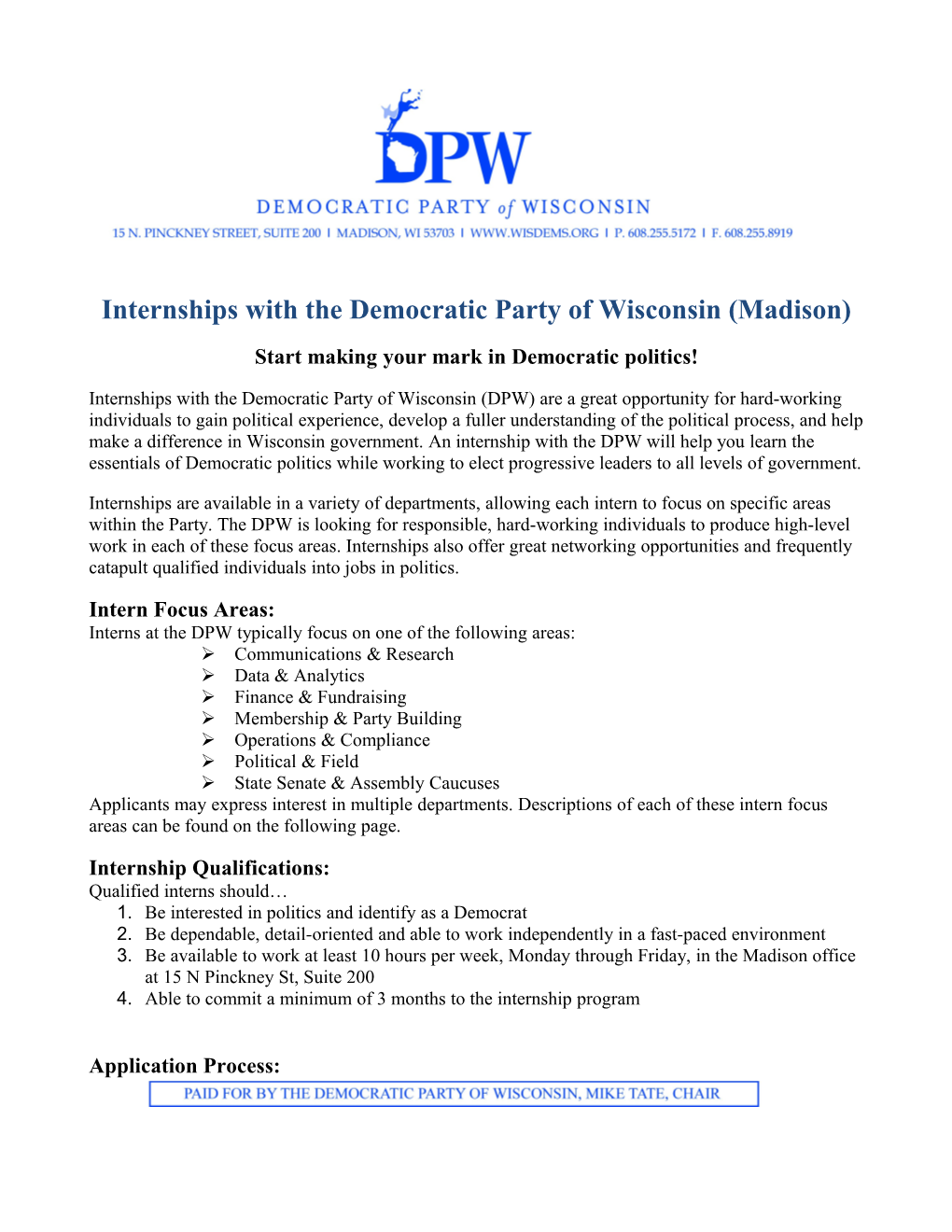 Internships with the Democratic Party of Wisconsin (Madison)