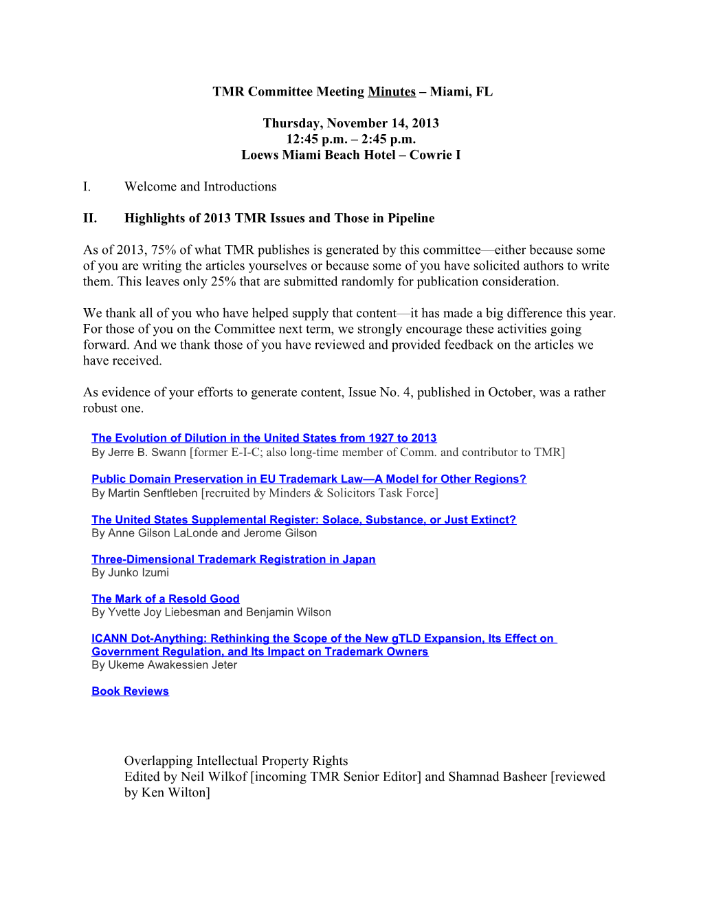 TMR Committee Meeting Minutes - Miami, 2013