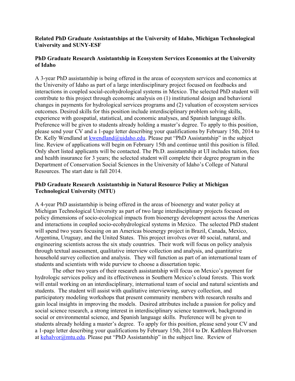 Phd Graduate Research Assistantship in Ecosystem Services Economics at the University of Idaho
