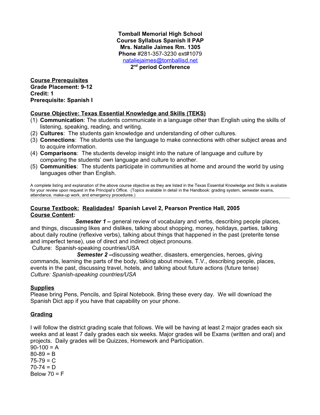 Course Syllabus Spanish II PAP