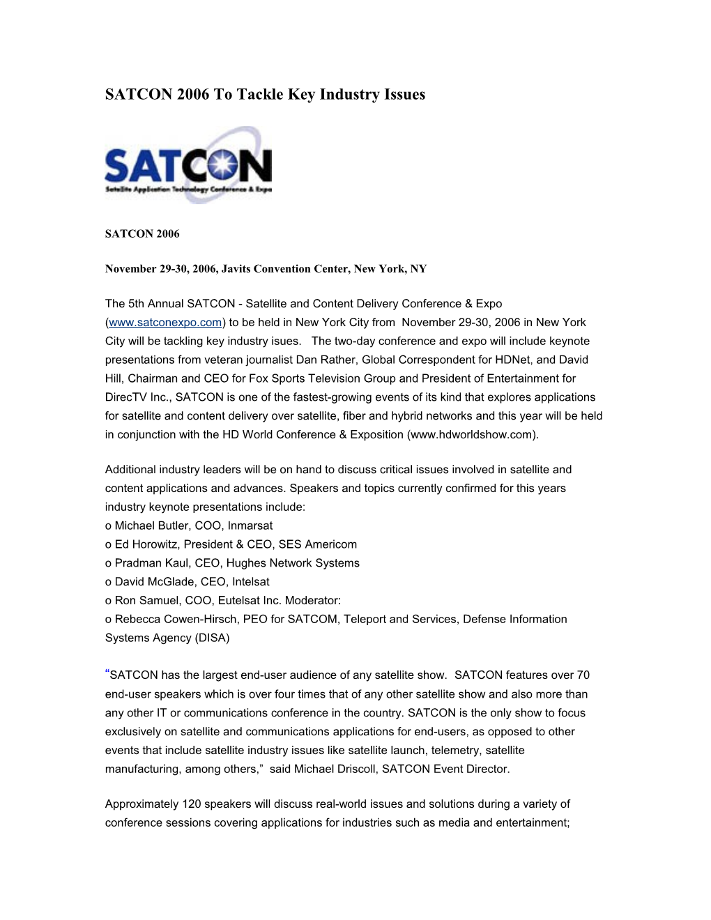 SATCON 2006 to Tackle Key Industry Issues