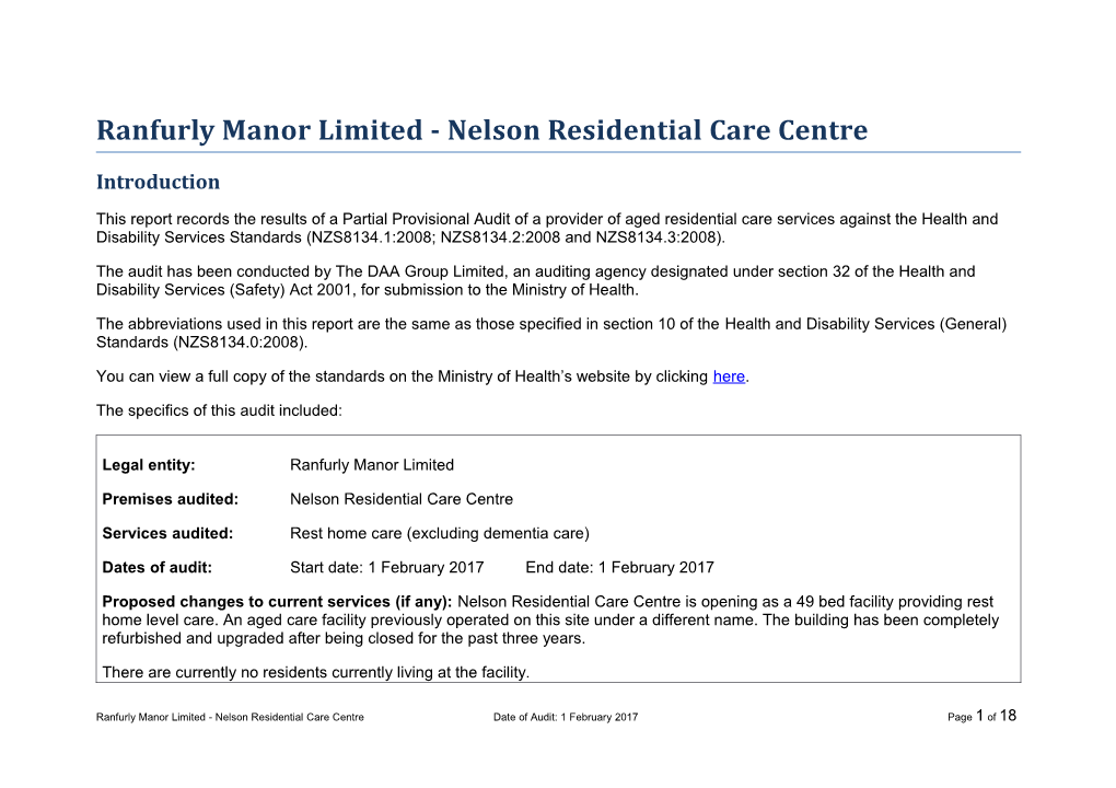Ranfurly Manor Limited - Nelson Residential Care Centre