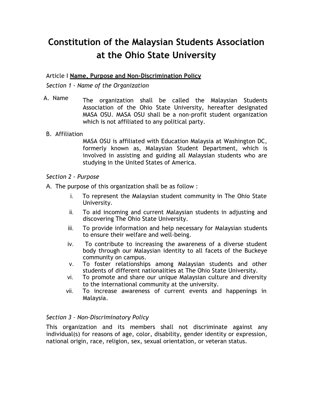 Constitution of the Malaysian Students Association Atthe Ohio Stateuniversity