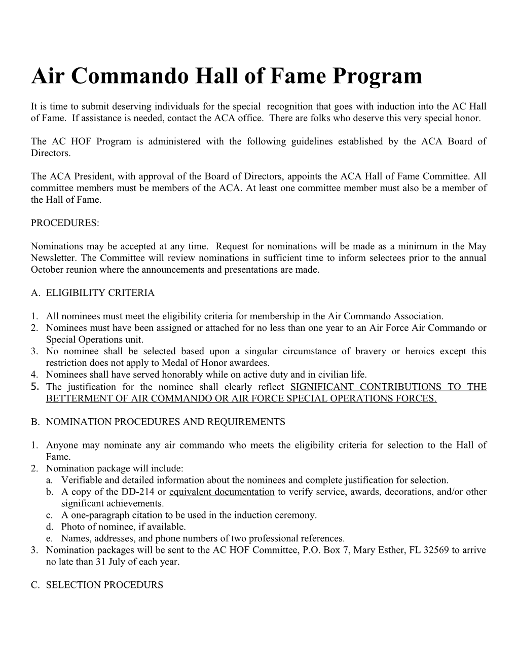 Air Commando Hall of Fame (AC HOF) Program