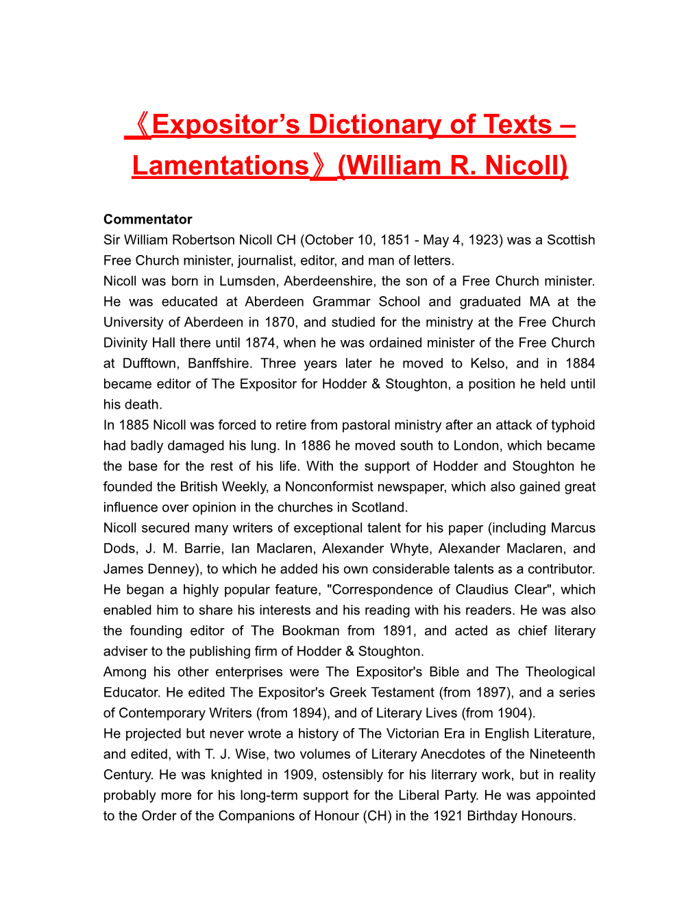 Expositor S Dictionary of Texts Lamentations (William R. Nicoll)
