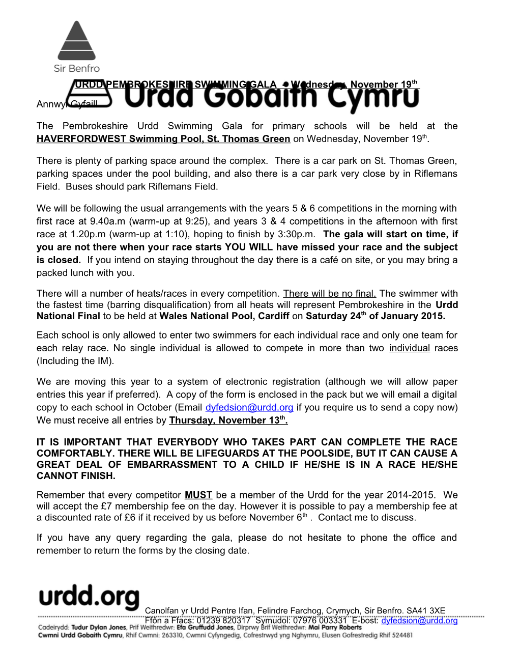 URDD PEMBROKESHIRE SWIMMING GALA - Wednesday, November 19Th