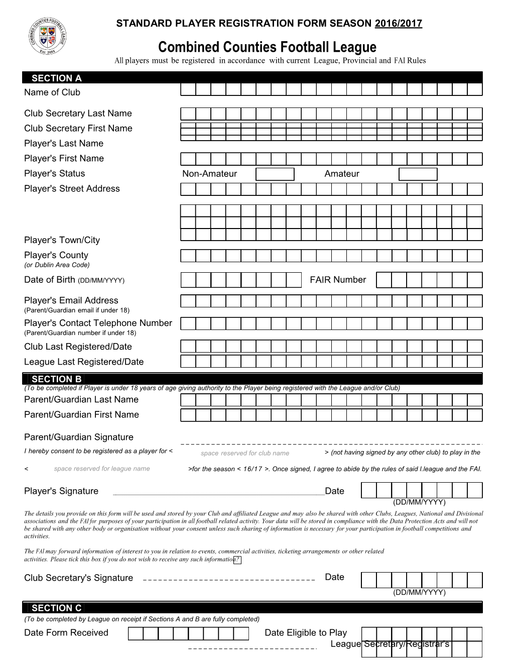 Standard Player Registration Form Season 2016/2017