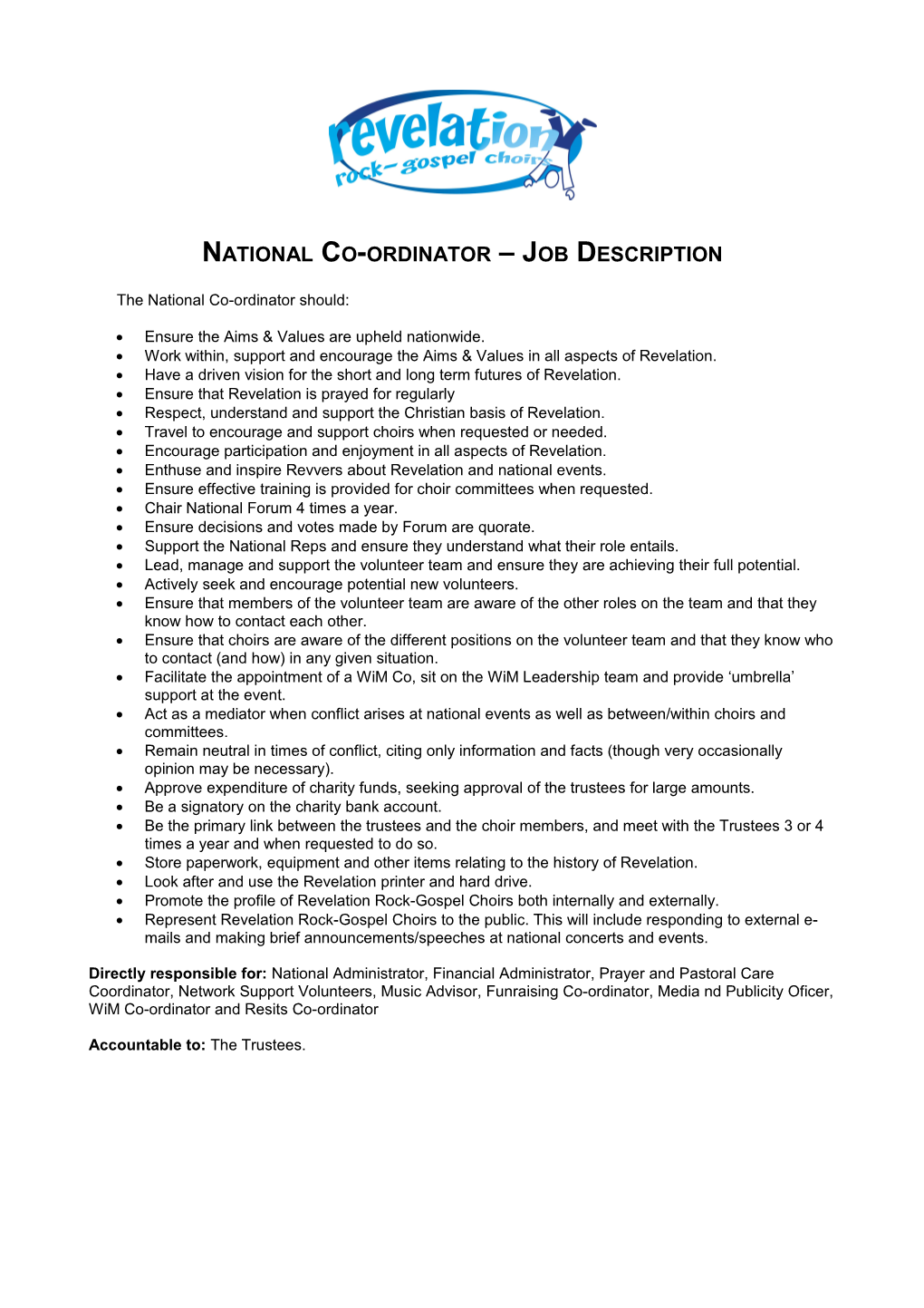 National Co-Ordinator Job Description