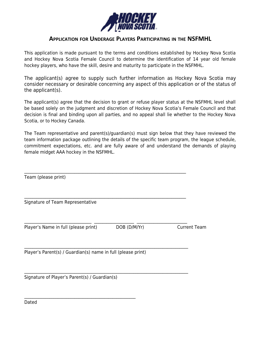 Policy for Underage Players Participating in the NSFMHL