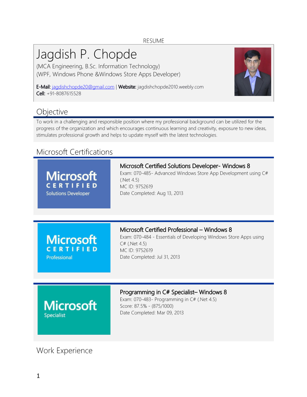 Resume: Jagdish Chopde (Windows 8 & Windows Phone Developer)