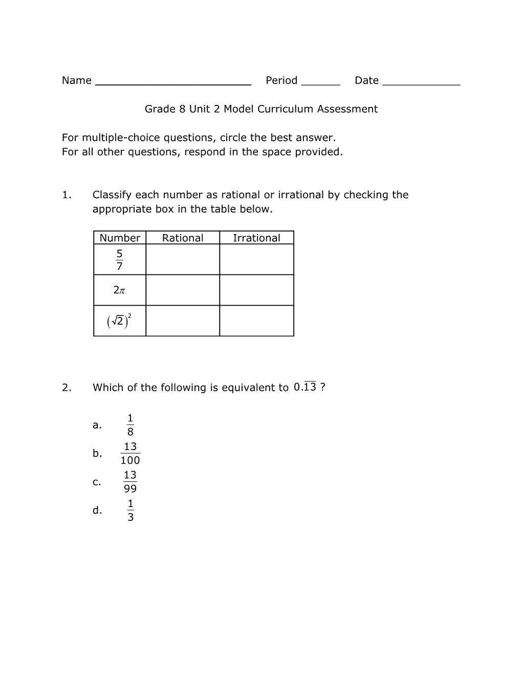 NJ DOE Unit 2 Grade 8