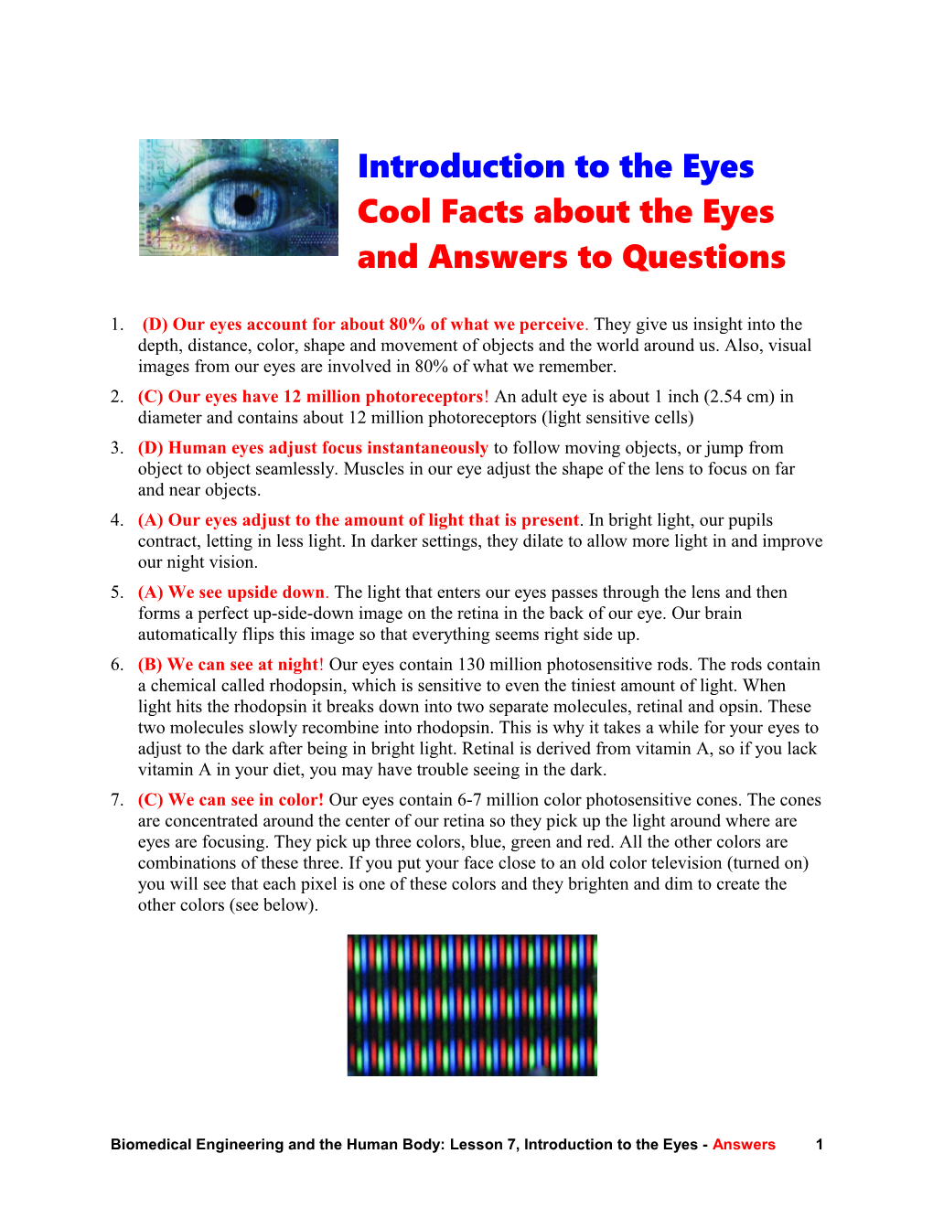 Introduction to the Eyescool Facts About the Eyesand Answers to Questions