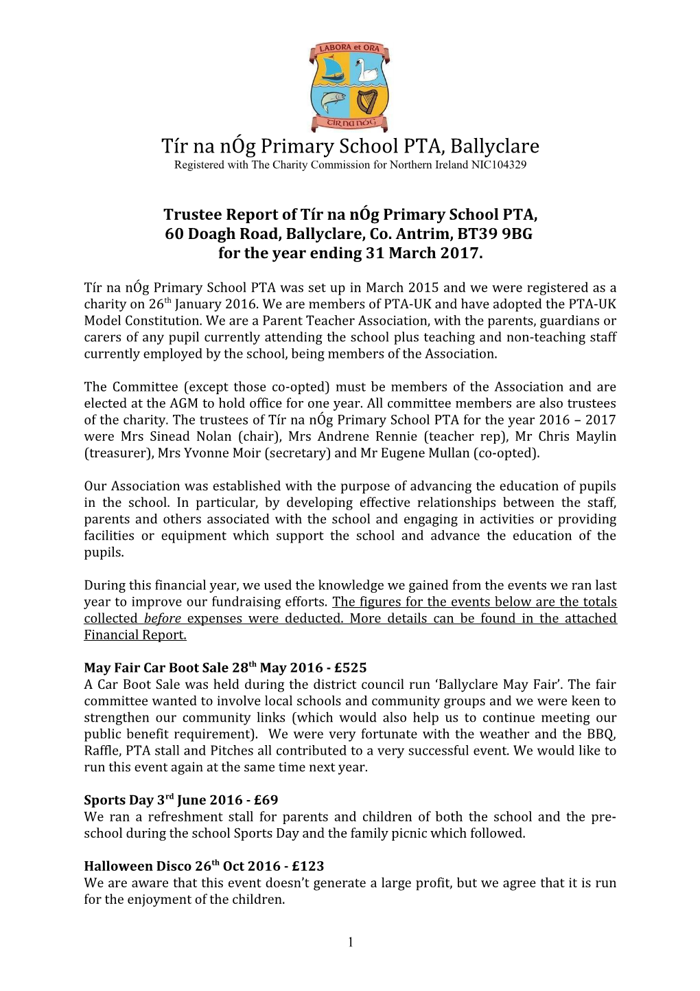 Trustee Report of Tír Na Nóg Primary School PTA