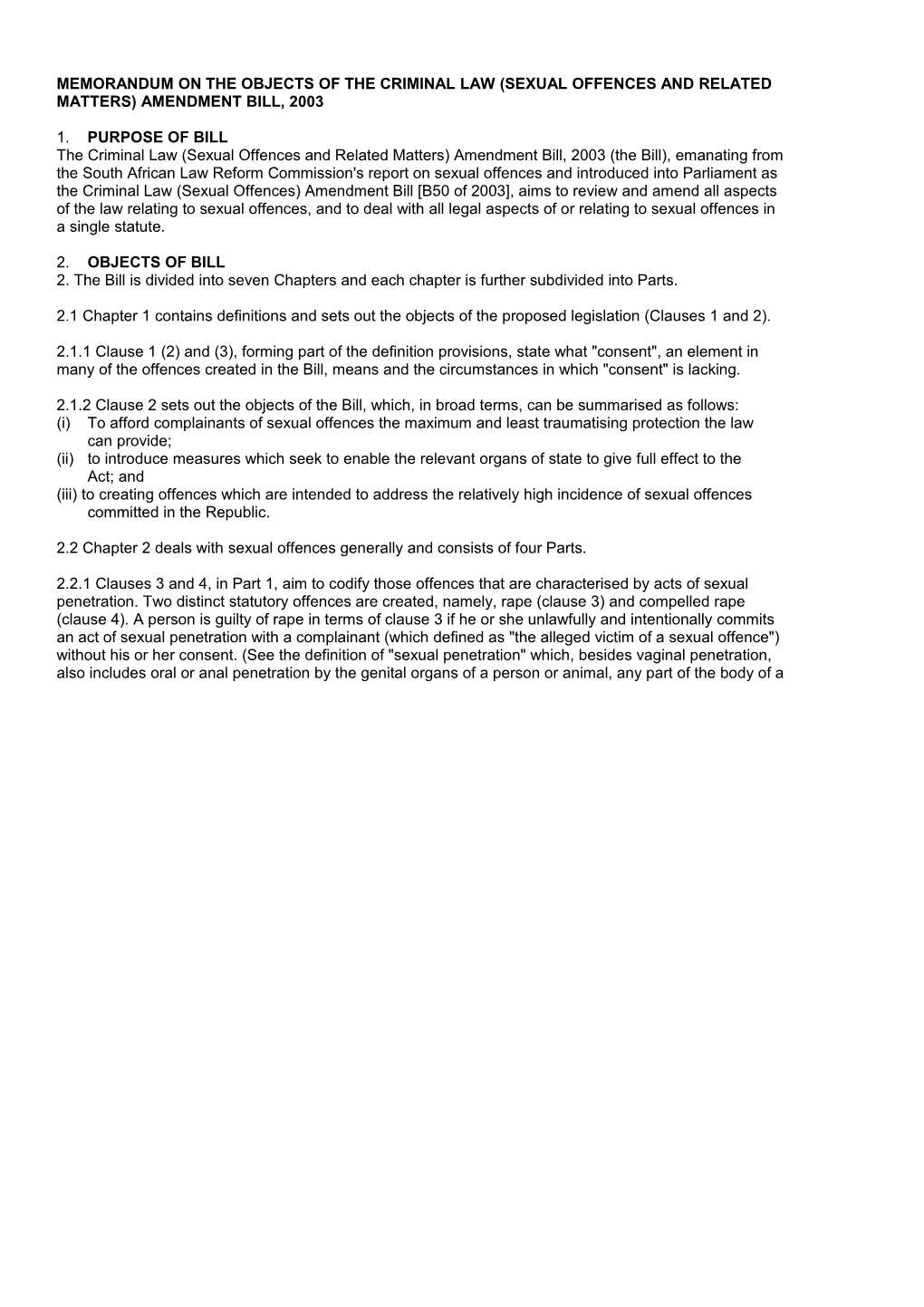 Memorandum on the Objects of the Criminal Law (Sexual Offences and Related Matters) Amendment