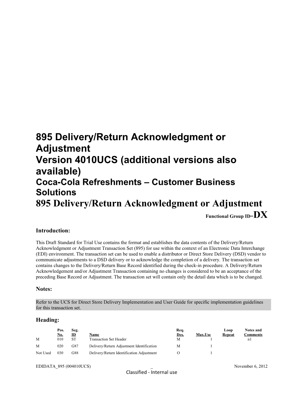 895 Delivery/Return Acknowledgment Or Adjustment