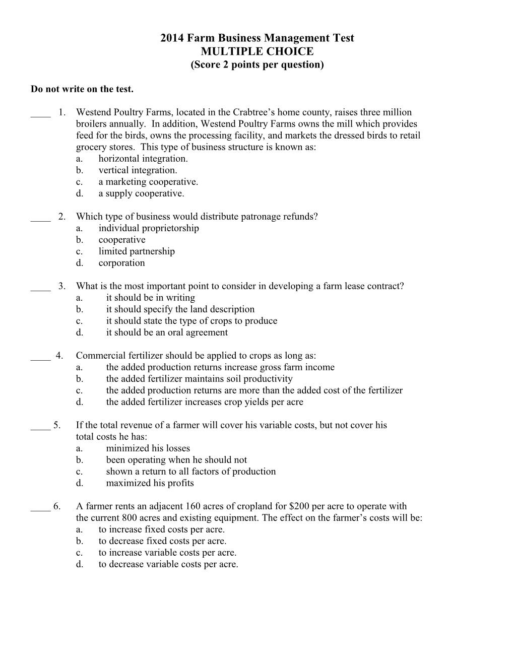 2014 Farm Business Management Test