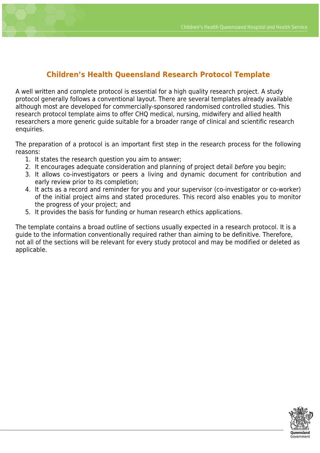 Children S Health Queensland Research Protocol Template