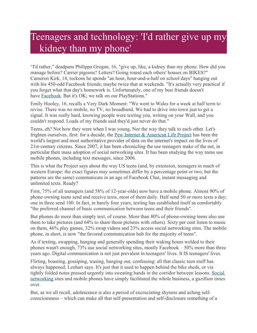 Teenagers and Technology: 'I'd Rather Give up My Kidney Than My Phone'