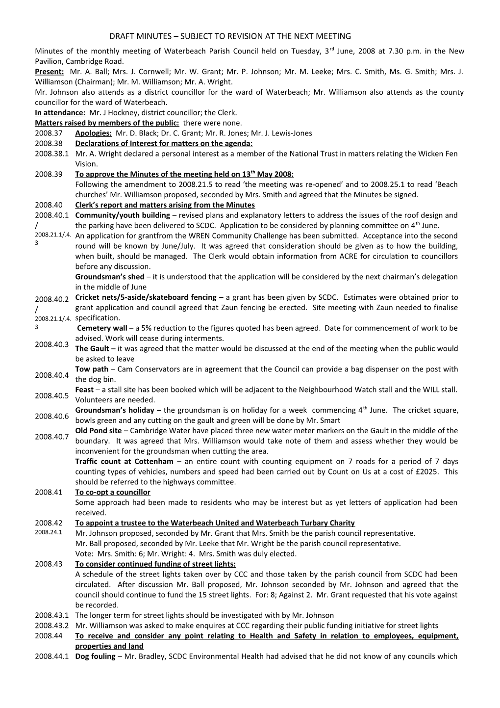 Minutes of the Monthly Meeting of Waterbeach Parish Council Held on Tuesday, 3Rd June, 2008 at 7