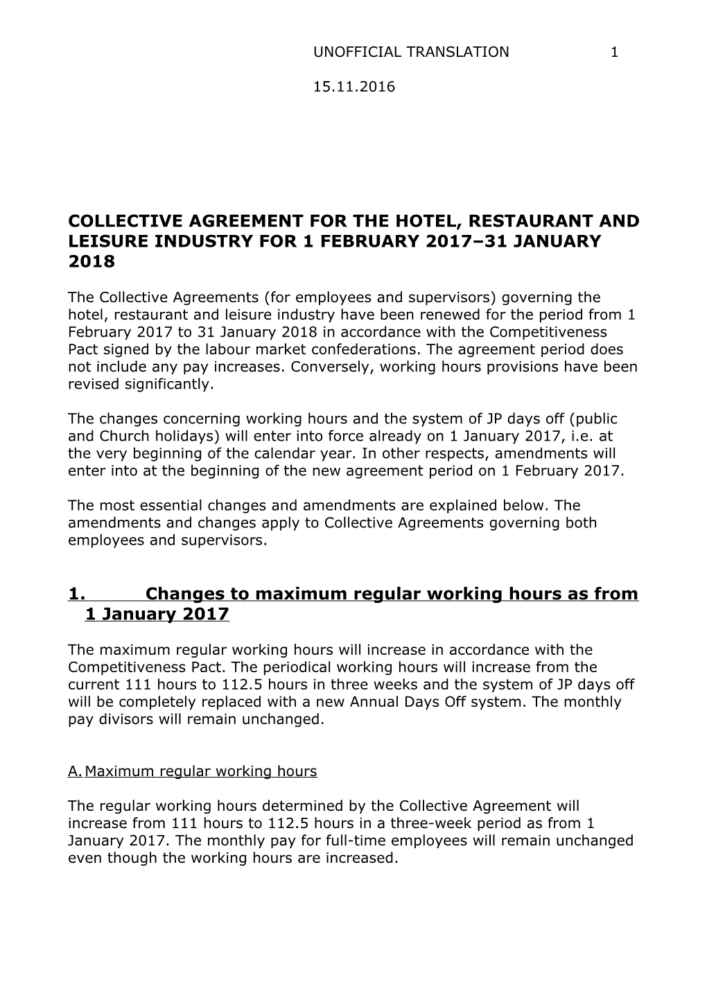 Collective Agreement for the Hotel, Restaurant and Leisure Industry for 1 February 2017