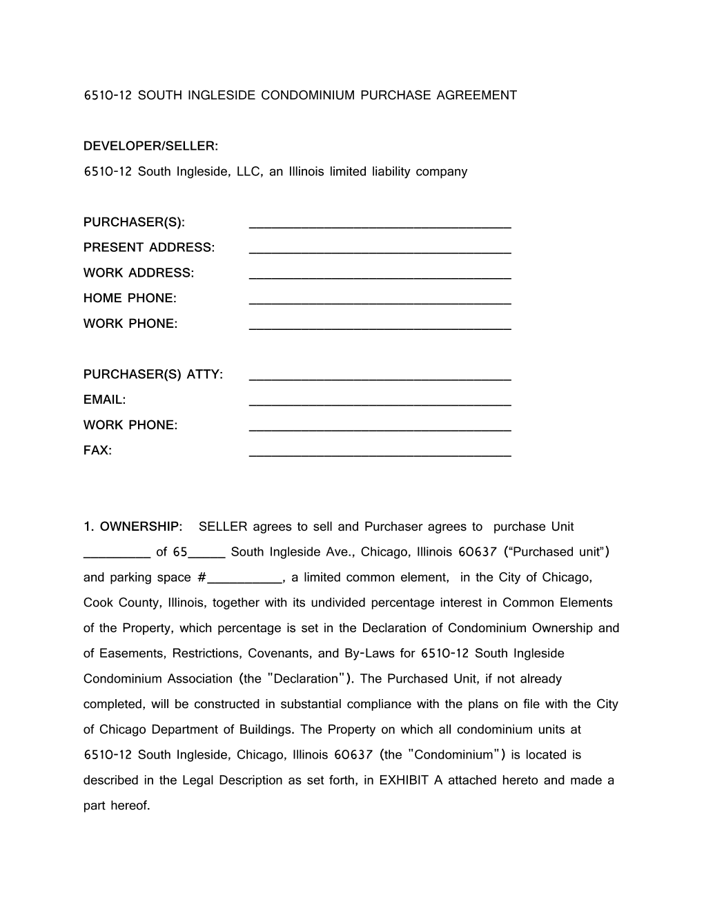 6420 South Woodlawn Condominium Purchase Agreement