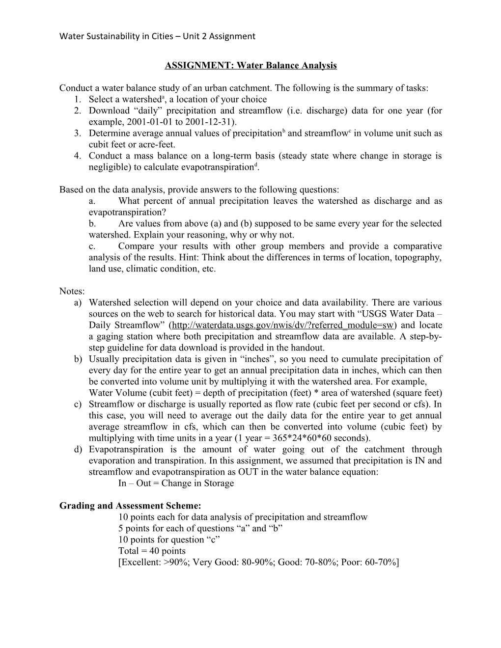 Water Sustainability in Cities Unit 2 Assignment