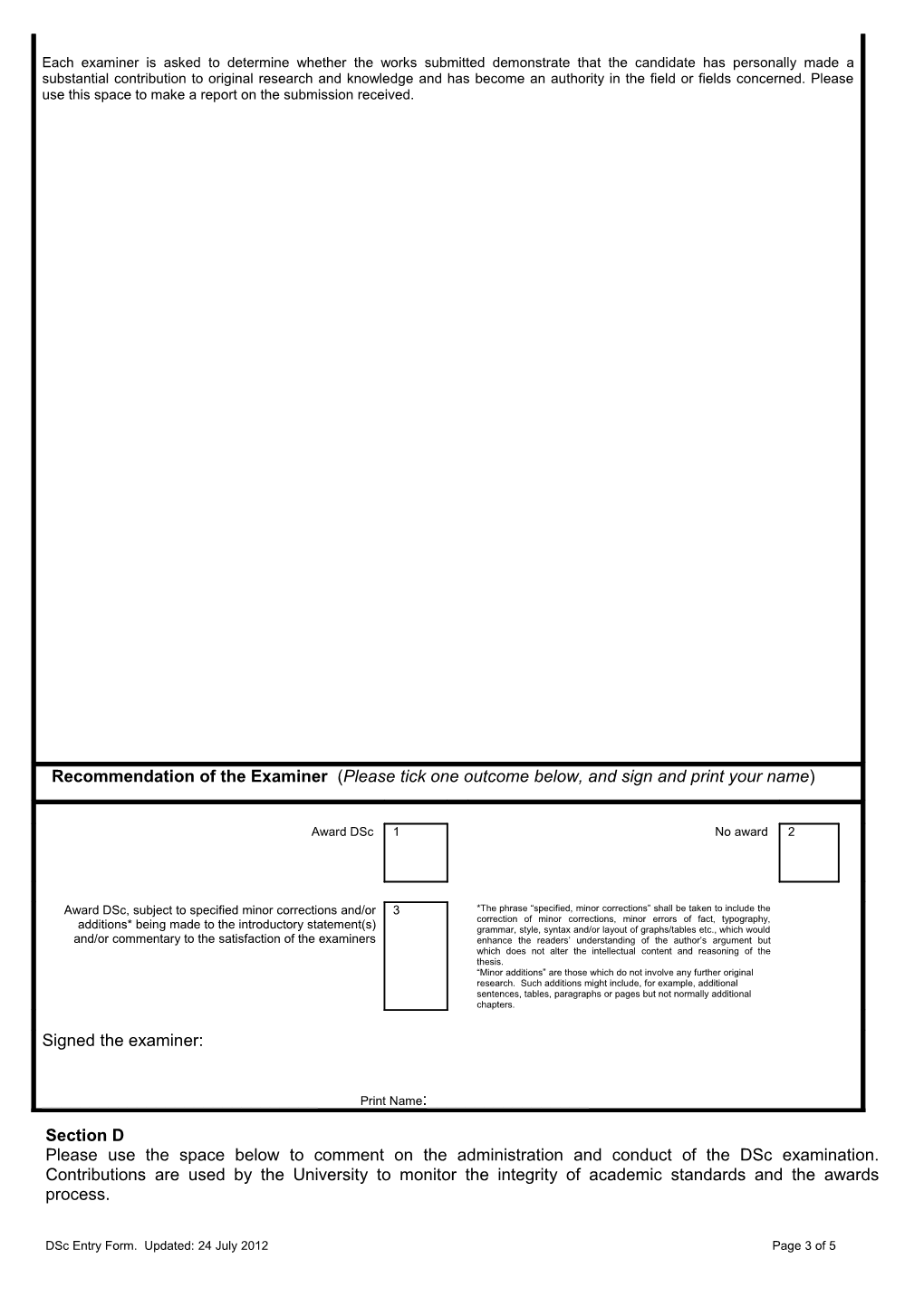 Entry Form for Examination for the Degree of Doctor of Science