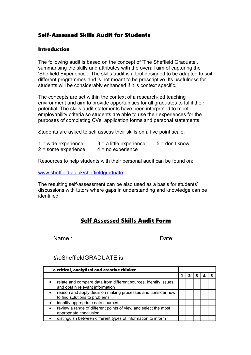 Self Assessed Skills Audit for Students