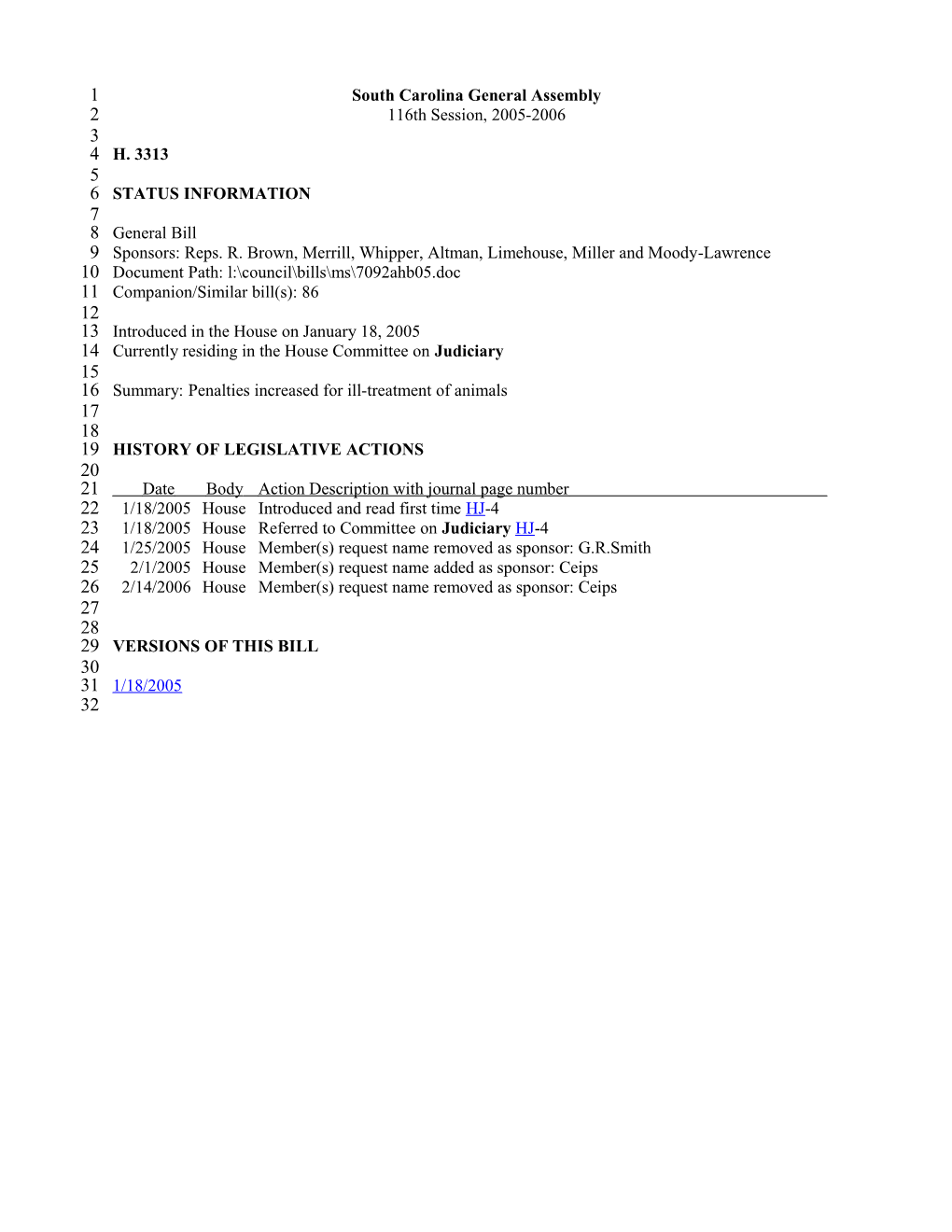 2005-2006 Bill 3313: Penalties Increased for Ill-Treatment of Animals - South Carolina