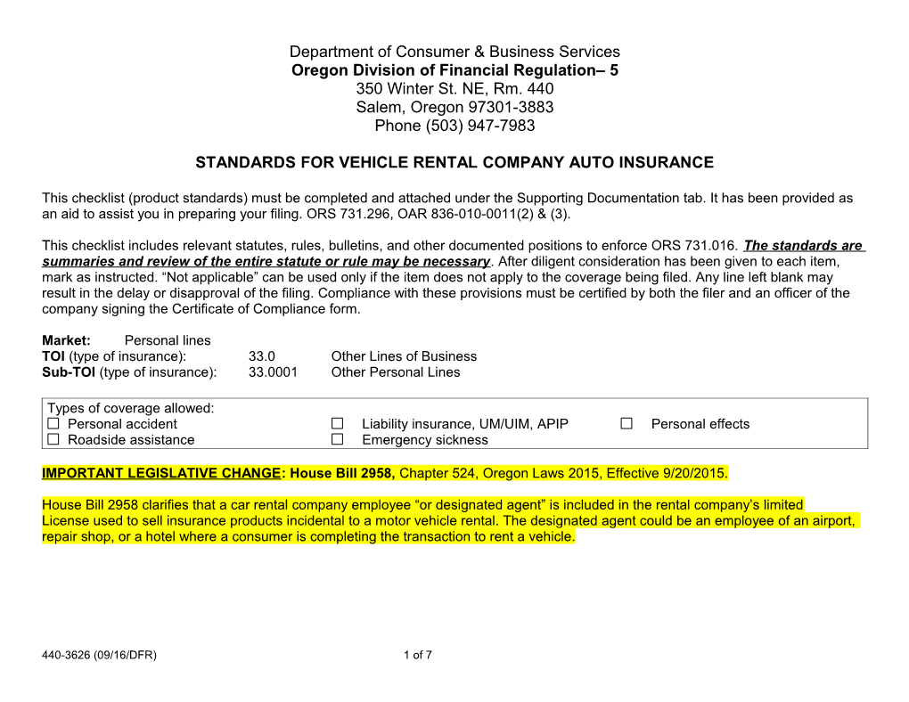 Form 3626, Standards for Vehicle Rental Company Auto Insurance, Form # 440-3626, Rev. 4/05