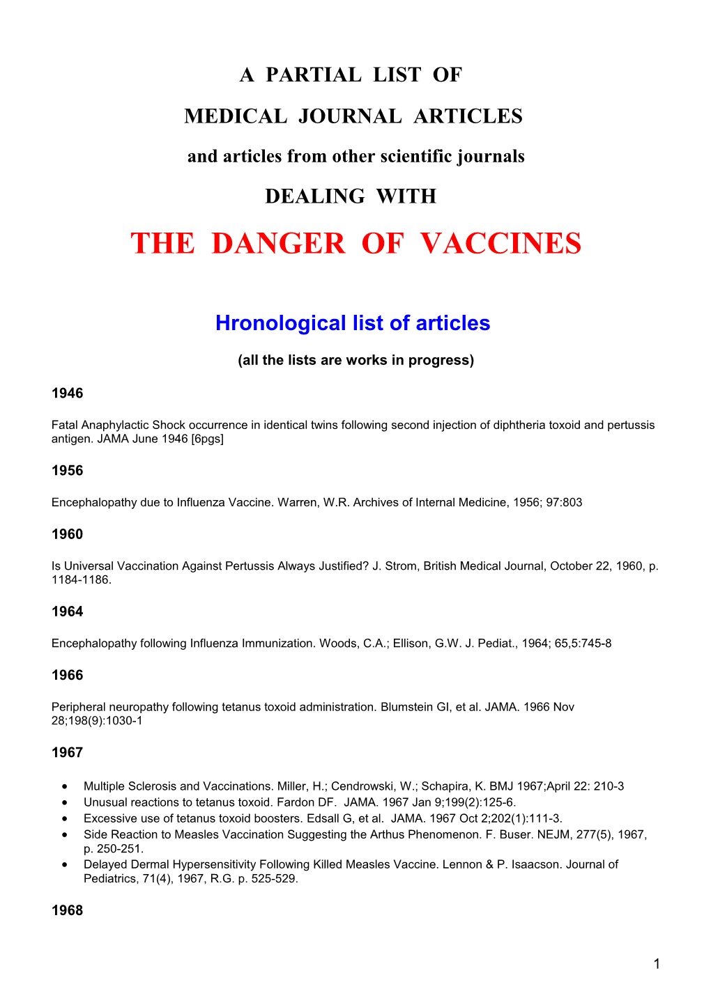 A Partial List of Medical Journal Articles