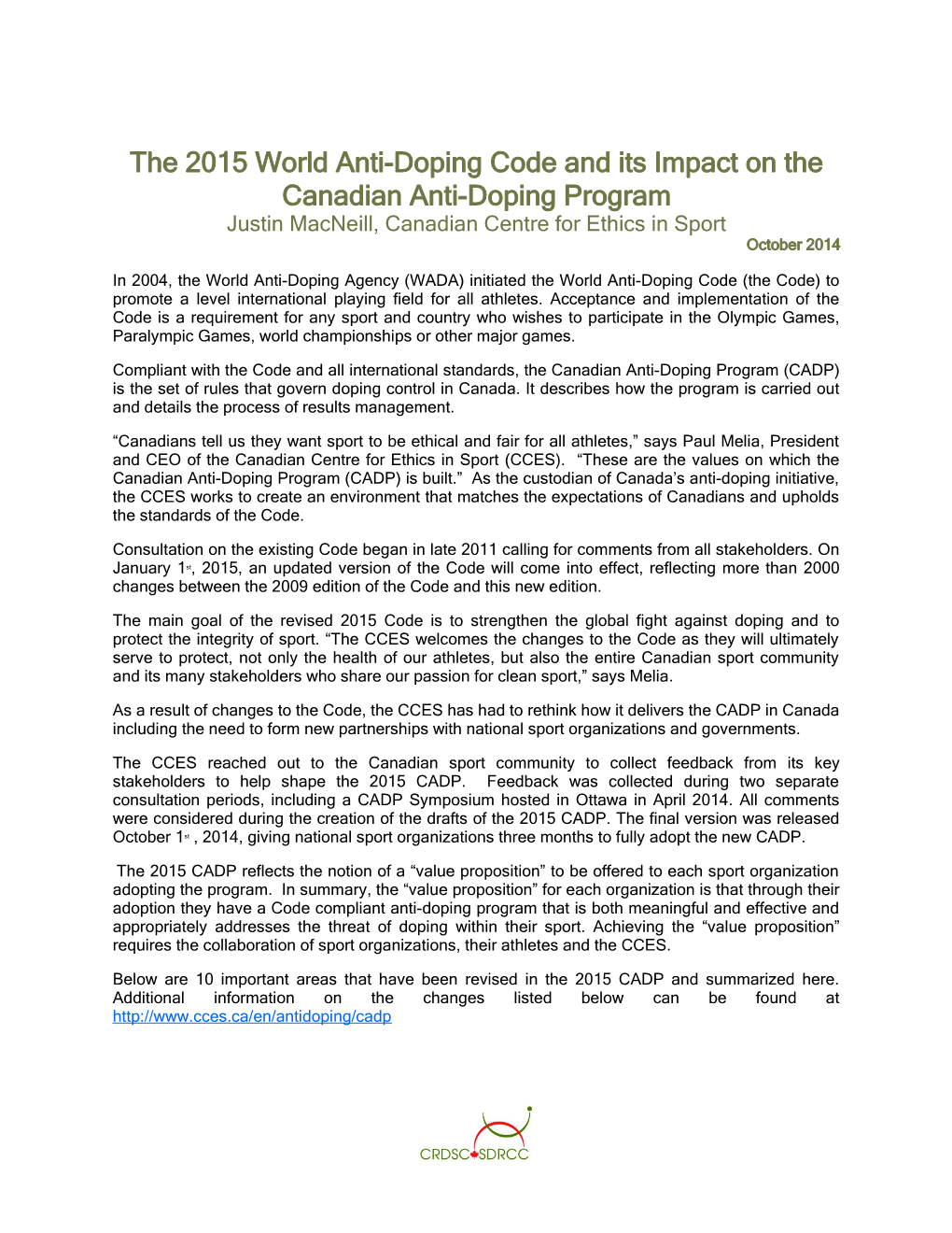 The 2015 World Anti-Doping Code and Its Impact on The