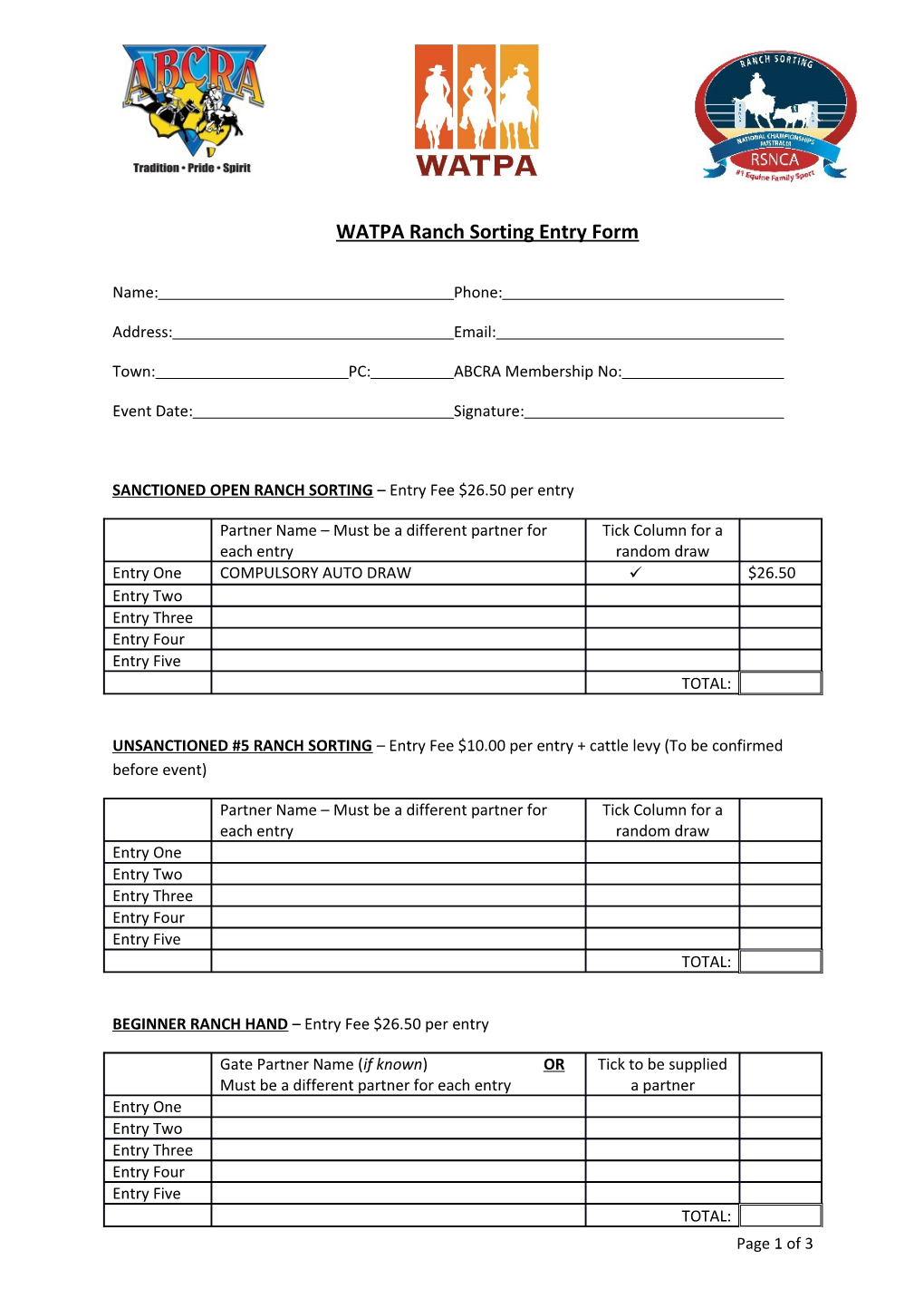 WATPA Ranch Sorting Entry Form