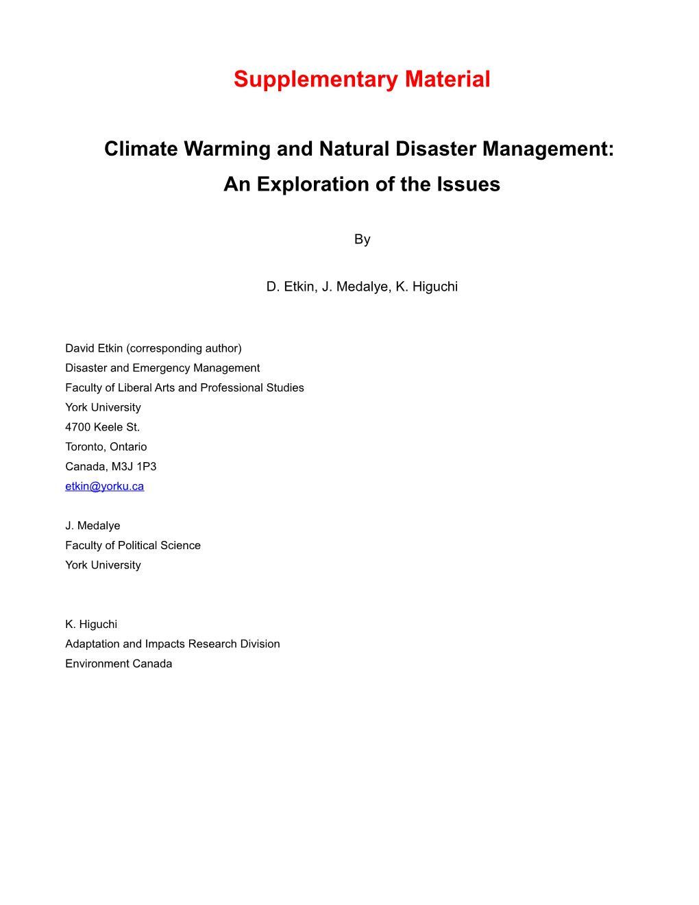 Climate Warming and Natural Disaster Management