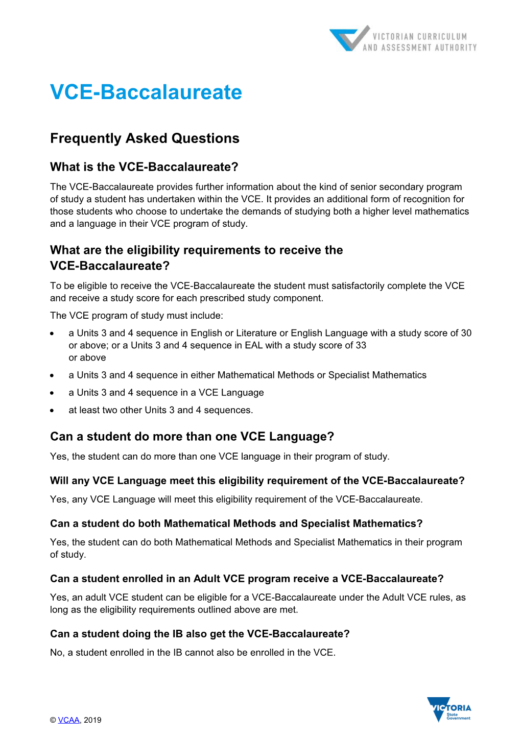 VCE-Baccalaureate - Frequently Asked Questions