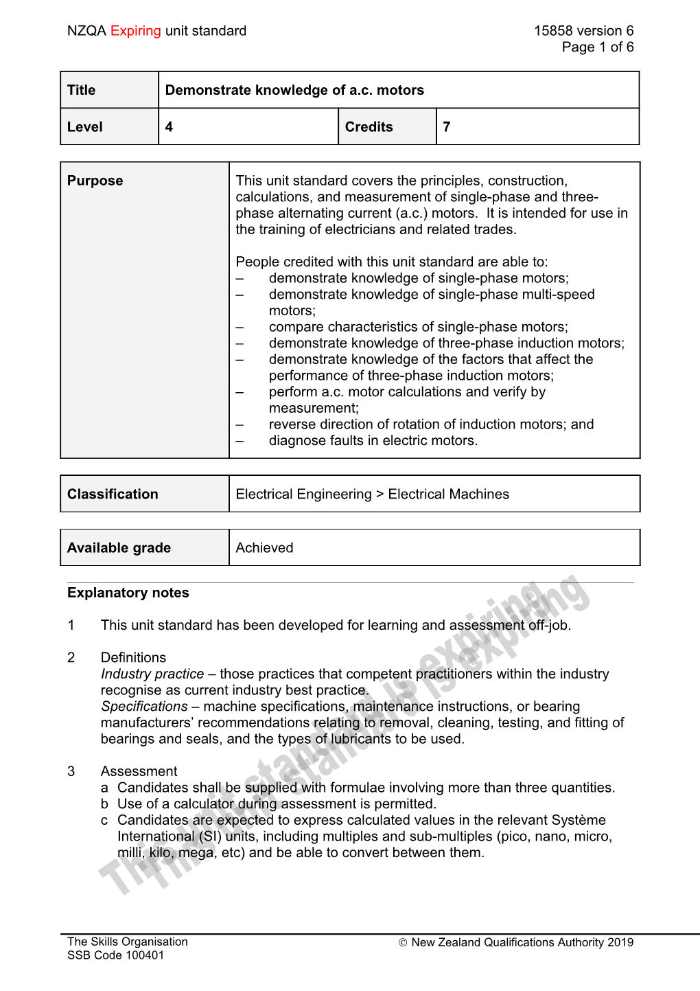 1This Unit Standard Has Been Developed for Learning and Assessment Off-Job