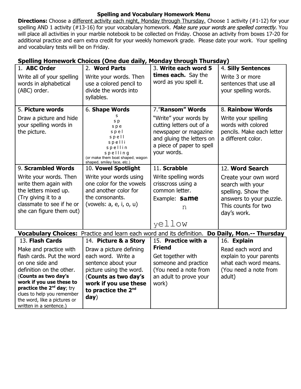 Spelling Homework Menu