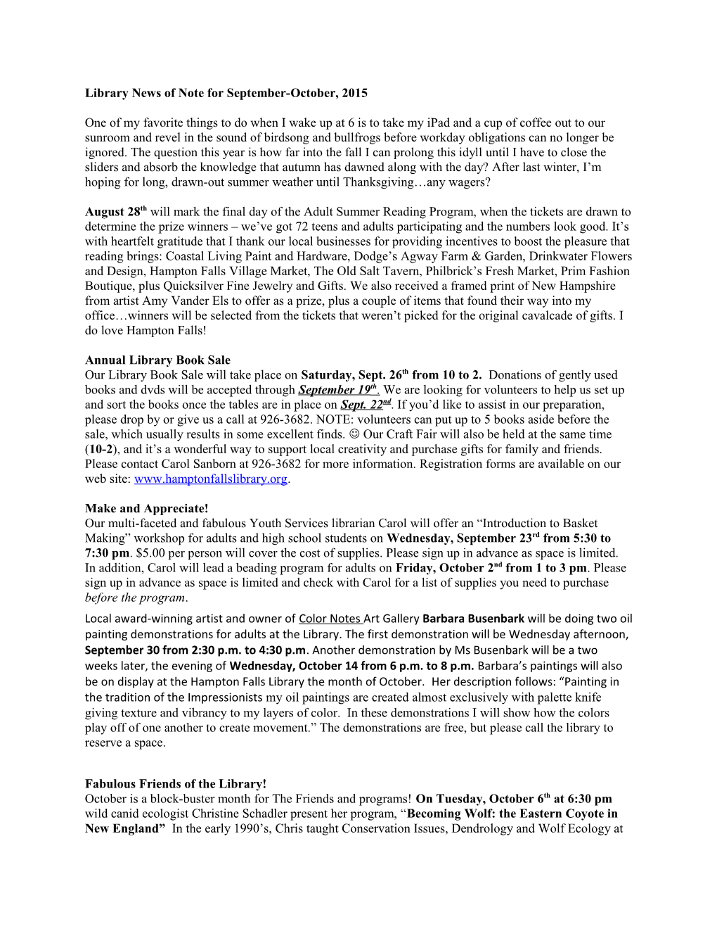 Library News of Note for September-October, 2015