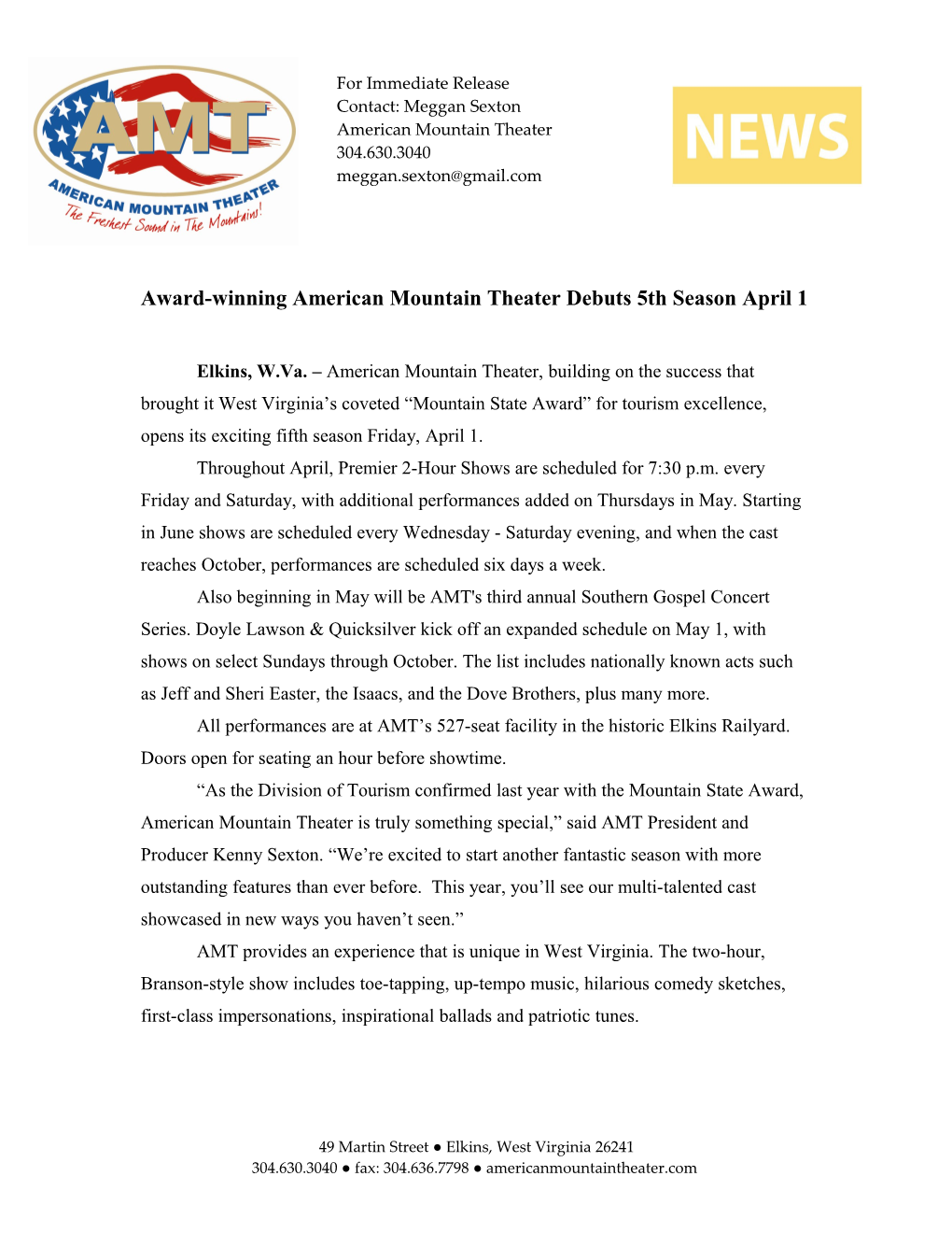 Award-Winning American Mountain Theater Debuts 5Th Season April 1