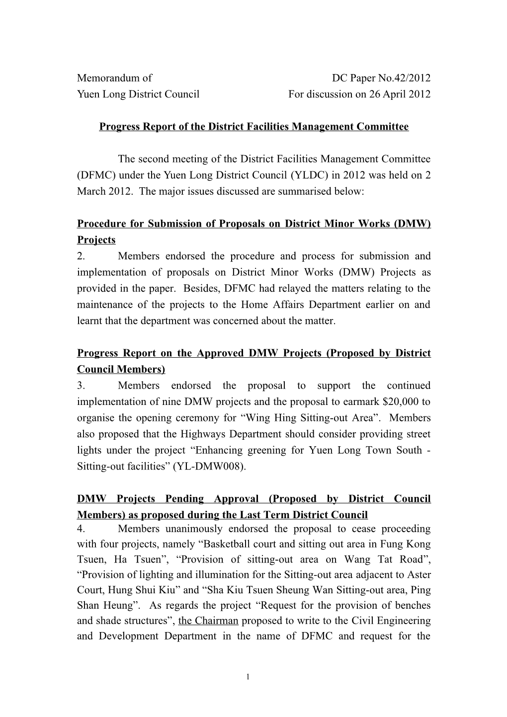 Progress Report of the District Facilities Management Committee