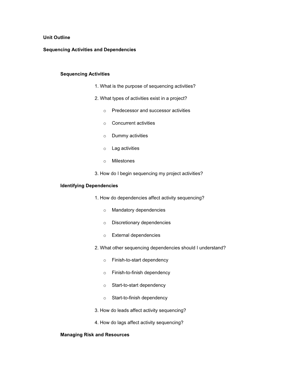 Sequencing Activities and Dependencies