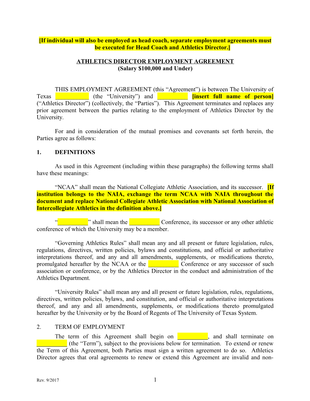 Athletics Directoremployment Agreement