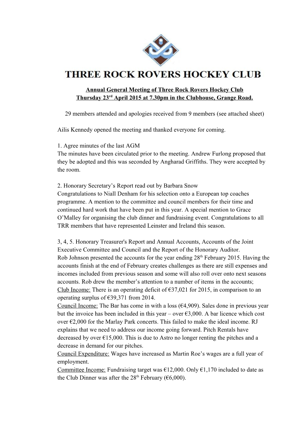 Annual General Meeting of Three Rock Rovers Hockey Club