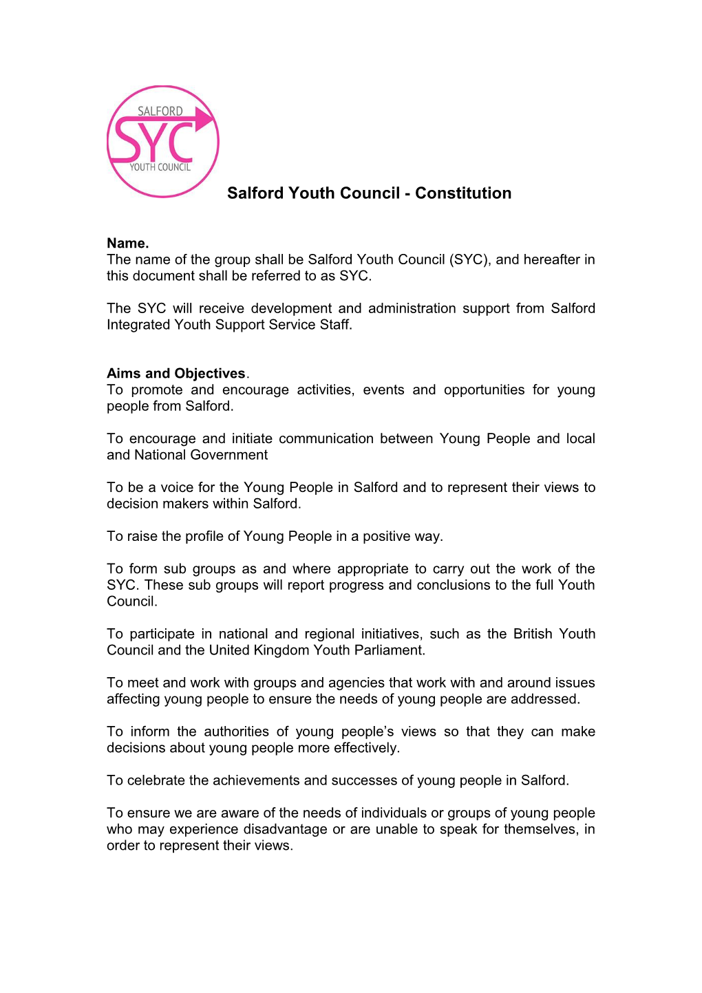 Salford Youth Council - Constitution