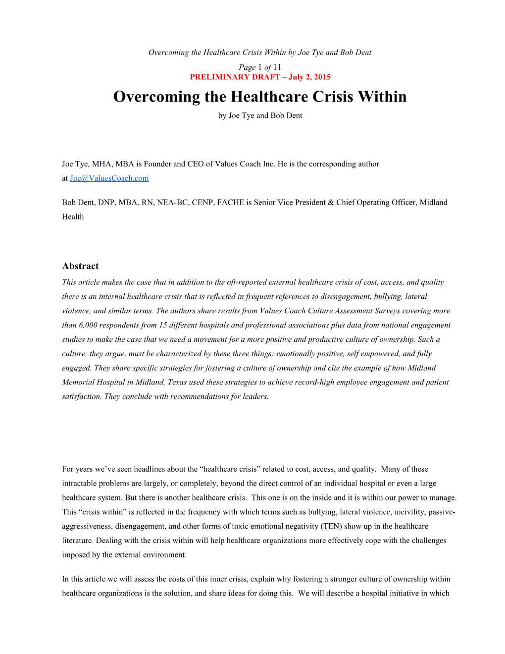 Overcoming the Healthcare Crisis Within by Joe Tye and Bob Dent