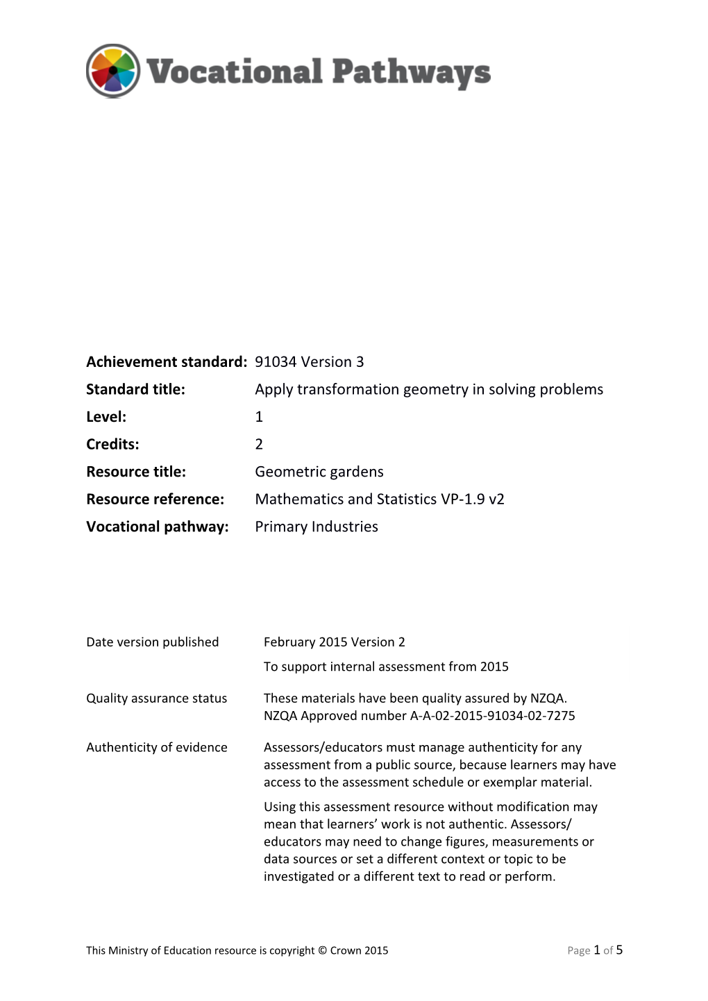 Internal Assessment Resource: Mathematics and Statistics VP-1.9 V2 Vocational Pathway:Primary