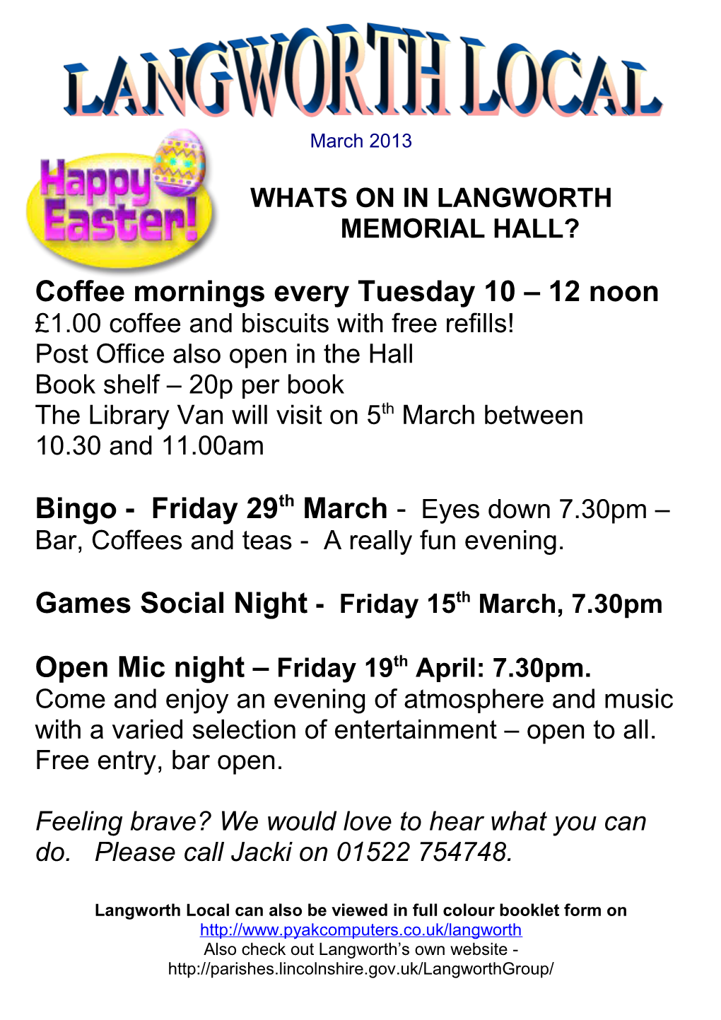 Whats on in Langworth Memorial Hall?