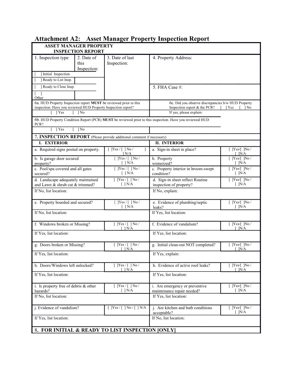 Attachment A2: Asset Manager Property Inspection Report